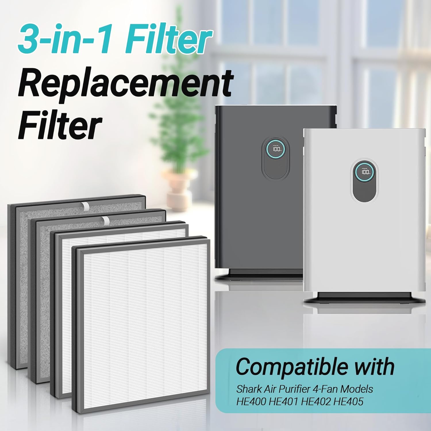 4 Packs HE400 Replacement Filter Compatible with Shark HE400 HE401 HE402 HE405 4 Fans Series Air Purifi-er HE401C, HE401NP, HE402C, UA415, Compare Part No. HE4FKBAS, HE4FKPET, HE4FKPETMB, HE4FKPRO