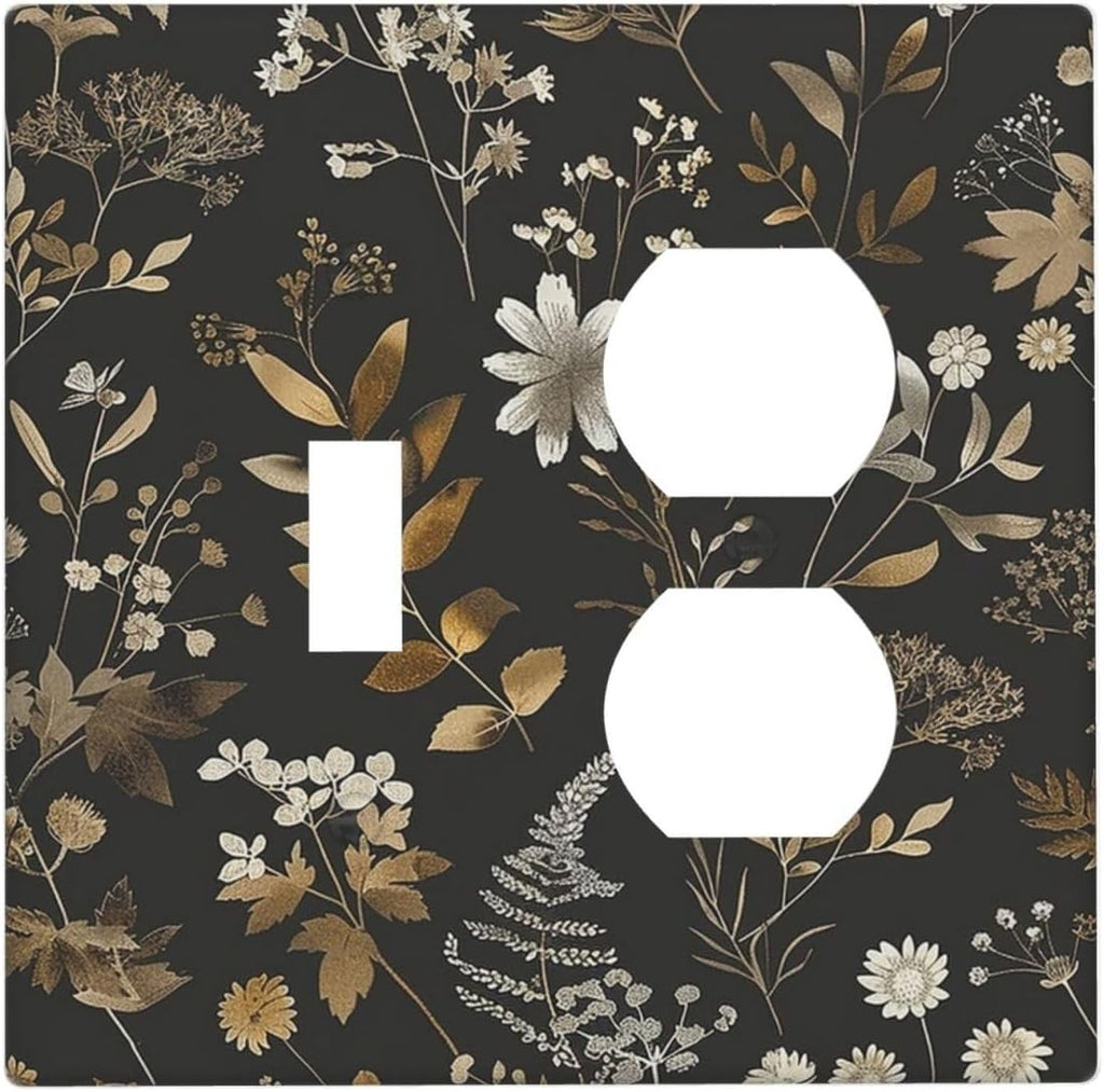 Wallplates Black Gold Floral Dark Leaves Vintage Flowers 1 Toggle 1 Duplex Switch Plate Electrical GFCI Faceplate Decorative Light Switch Covers for Bed Room Home Decor