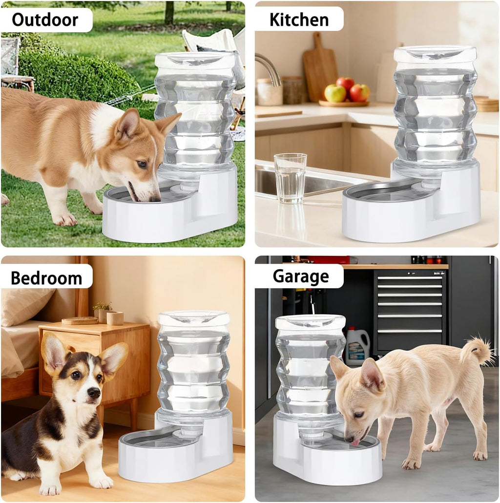 RIZZARI Automatic Gravity Pet Waterer: 7L White Stainless Steel Water Dispenser - Large Capacity with Triple Filter and Specialized Brush for Senior Dogs with Spinal Issues - for Living Room Bedroom