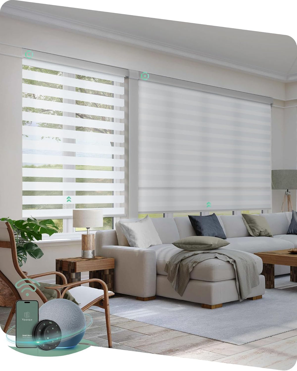 Yoolax Motorized Blinds with Remote, Electric Zebra Blinds for Indoor Windows, Room Darkening Smart Shades with Voice Control, Compatible with Alexa Google Home, APP Control, 27" W x 72" H, White