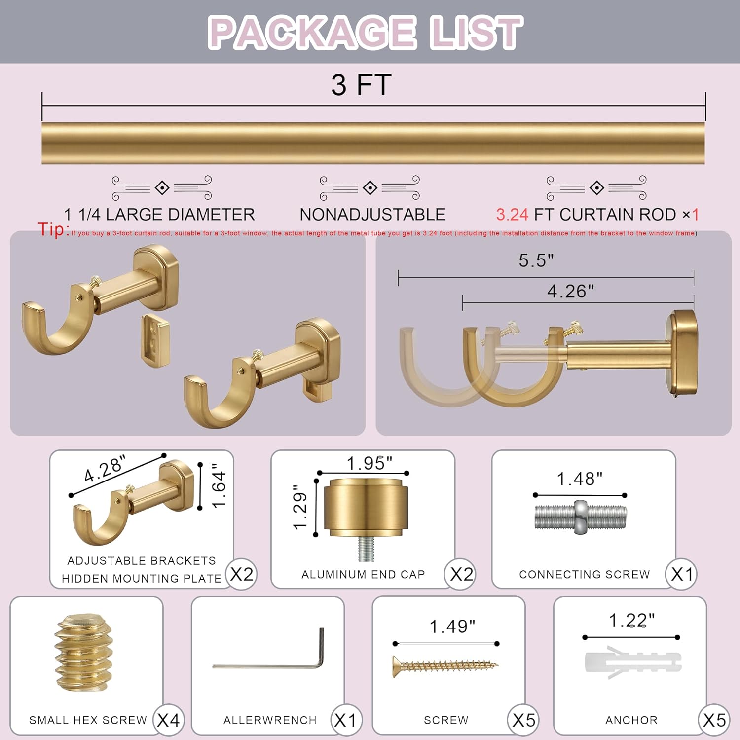 Heavy Duty Curtain Rods - 1 1/4" Large Diameter Premium Nonadjustable Curtain Rod - 36in/3ft Custom Window Treatment Rods with Durable Aluminum Brackets and End Caps,Gold Finish