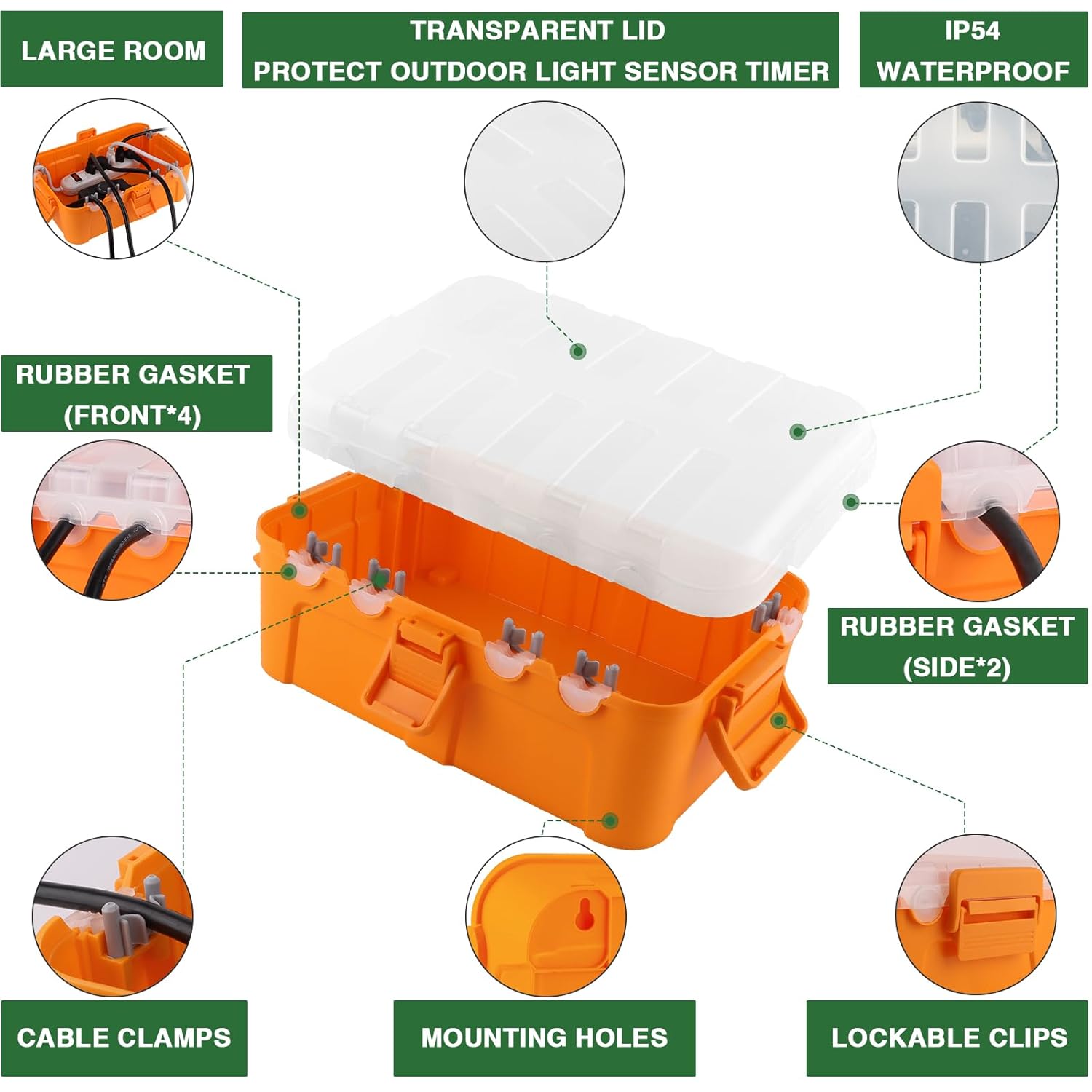 Flemoon Outdoor Electrical Box with Transparent Lid, IP54 Waterproof Box with Clear Cover for Photocell Light Sensor Timer, Power Strip, Outlet, Plug, Socket, Orange
