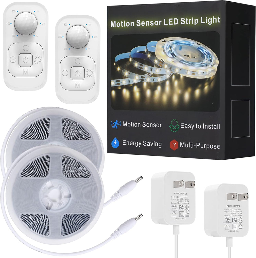 Motion Sensor Under Cabinet Lights - Plug-in LED Strip Lights Indoor With UL FCC Approved Adapter, Dimmer And Timer For Kitchen Cabinet, Counter, Shelf, Showcase, Stairway, Bedroom, Corridor, Washroom