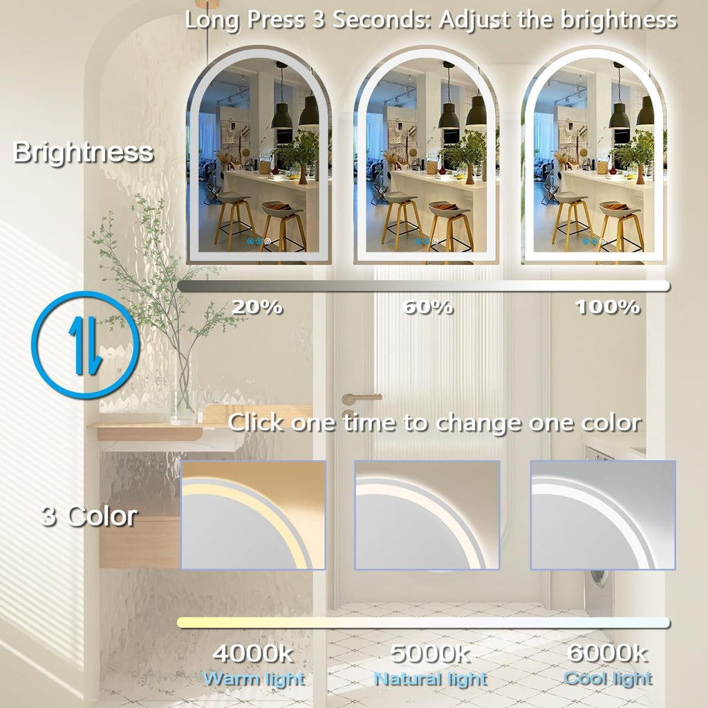 THEKLA 24 x 36 Inch Arched LED Bathroom Mirror with Light Arch LED Mirror for Bathroom Wall Mounted 36in Arched Lighted Mirror AntiFog Dimmable 3 Color Bathroom Smart LED Light up Vanity Arched Mirror