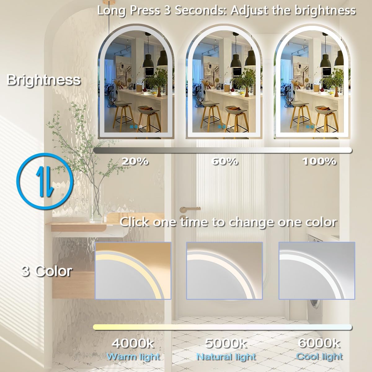 THEKLA 24 x 36 Inch Arched LED Bathroom Mirror with Light Arch LED Mirror for Bathroom Wall Mounted 36in Arched Lighted Mirror AntiFog Dimmable 3 Color Bathroom Smart LED Light up Vanity Arched Mirror