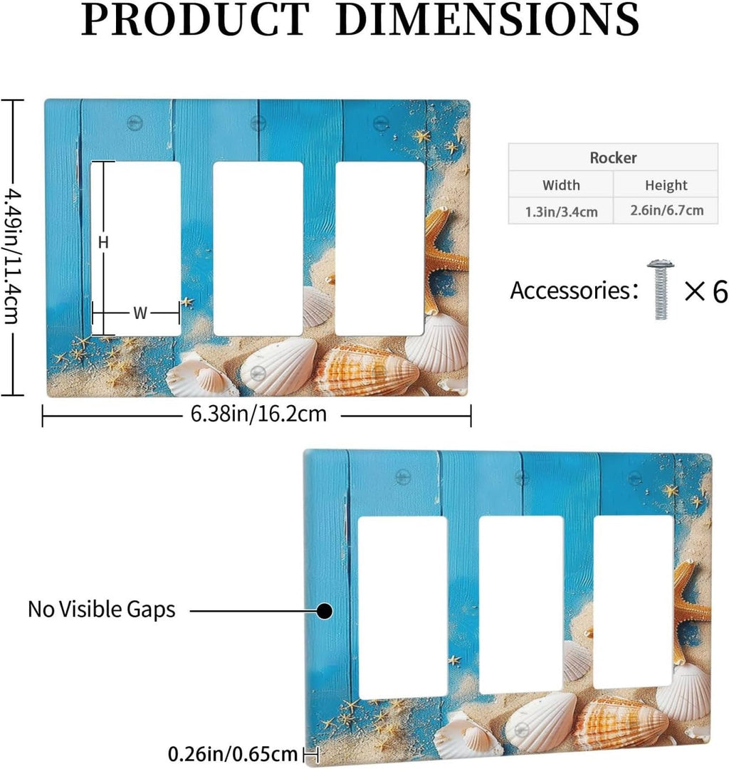 Light Switch Covers Blue Wood Grain Beach Shell Starfish 3 Gang Rocker Electrical GFCI Decorative Triple Outlet Wall Plate Cover Switchplate for Bathroom Farmhouse Decor