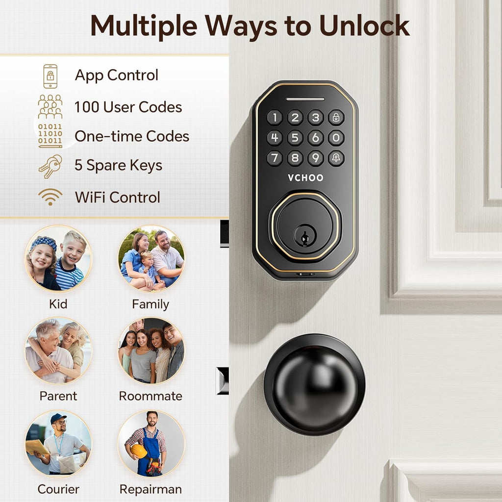 Keyless Entry Door Lock with 2 Knobs App Control Smart Locks for Front Door WiFi Door Lock Set Automatic Lock One Time Password Anti Peeping Password IP54, Bronze