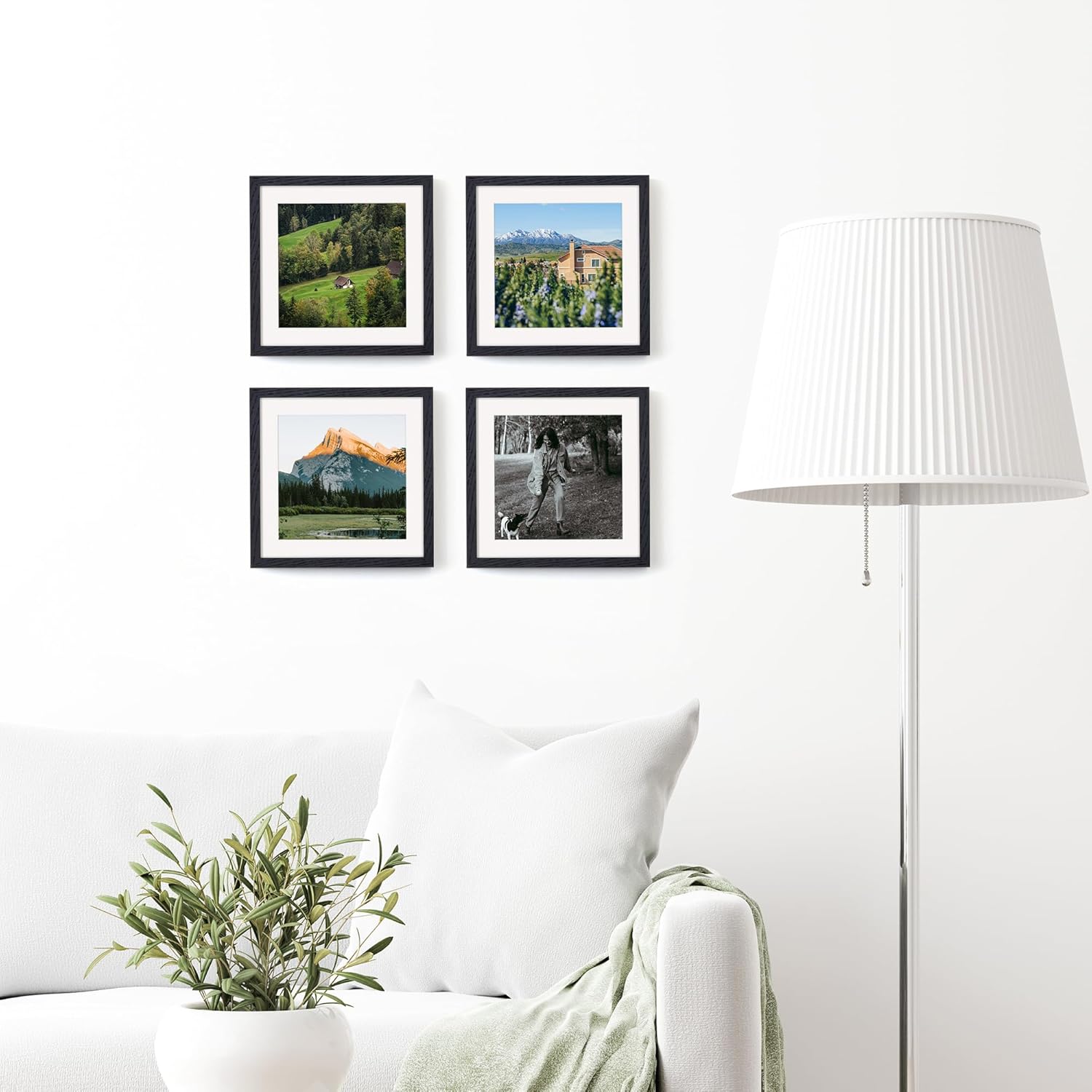 Fun Memories 10x10 Picture Frames, Square Frame 10 by 10 with Mat for 8 by 8, Rustic Oak Wood Frame 10"x10", 10 x 10 Wood Frame Set of 4, Minimalist 10x10 Photo Frames, Black Color