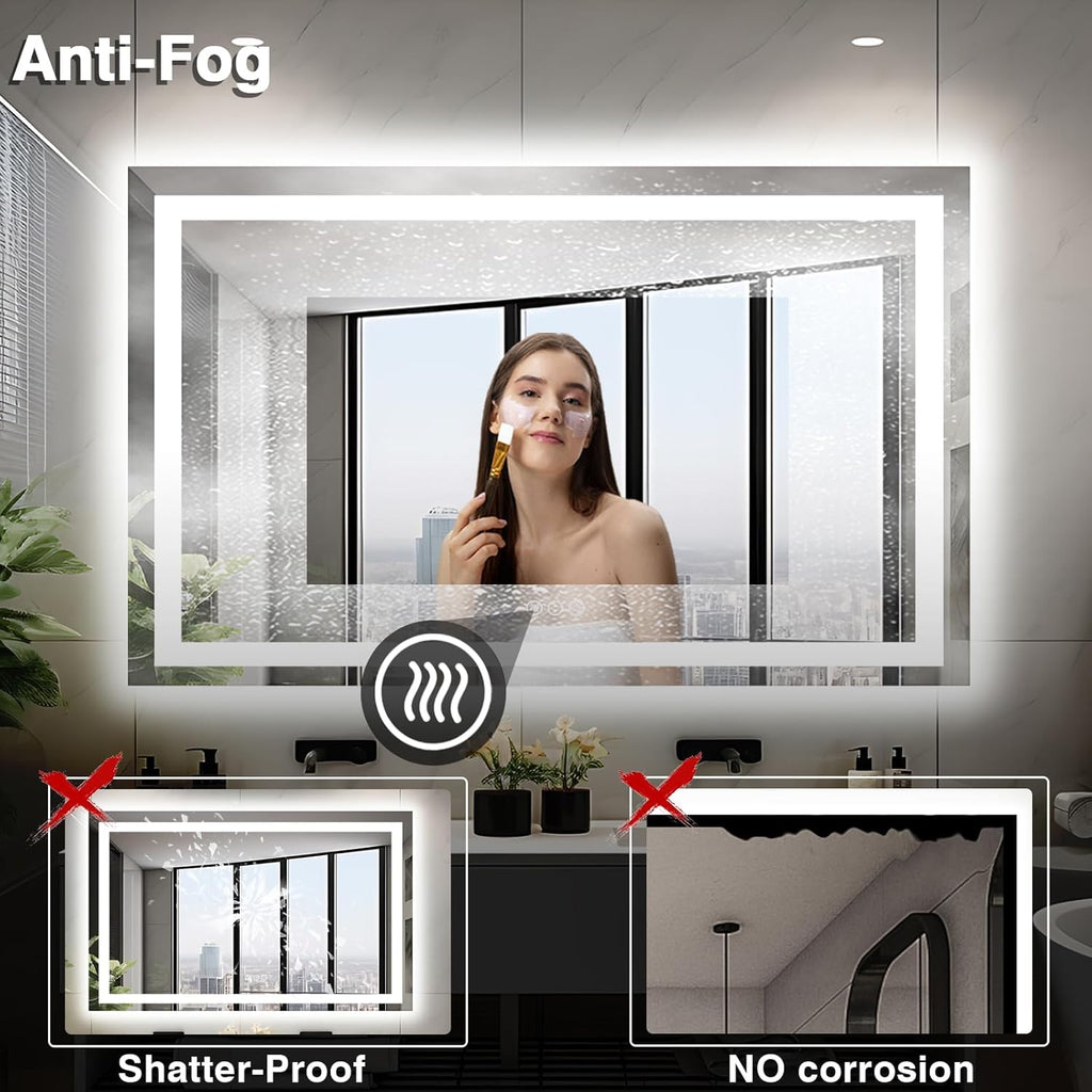 50"x36" Lighted Mirrors for Bathroom Wall, Anti-Fog LED Vanity Mirror, Shatter-Proof, 3 Colors Memory Mirror (Horizontal/Vertical)