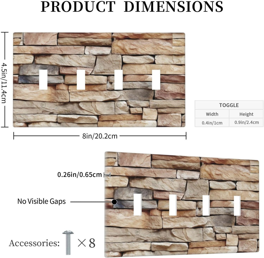 Light Switch Covers Stone Textured Brown Brick Natural Stone Quad Toggle Electrical Faceplate 4 Gang Wall Plate Decorative Switch Plates For Farmhouse Cabin Decor