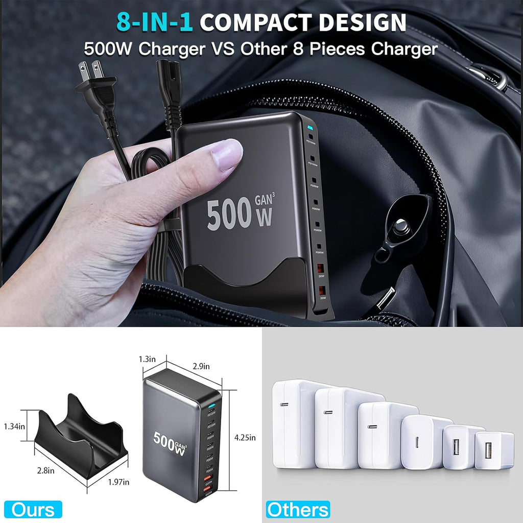 500W GaN USB C Charger Block Charging Station 8 Port Fast Charger Block with Dual 100W PD USB-C Fast Charging Station Hub Compatible with iPhone 17/16 15/14/13/Pro Max/MacBook Pro/Air/All iPad (Black)