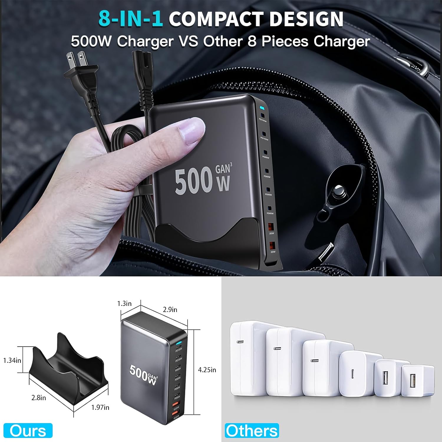 500W GaN USB C Charger Block Charging Station 8 Port Fast Charger Block with Dual 100W PD USB-C Fast Charging Station Hub Compatible with iPhone 17/16 15/14/13/Pro Max/MacBook Pro/Air/All iPad (Black)