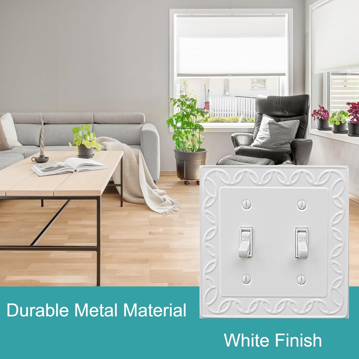 Double Toggle Light Switch Cover NovaBloom Metal Wall Plate, 2-Pack White 2 Gang, Light Switch Cover Decorative Wallplate, Durable