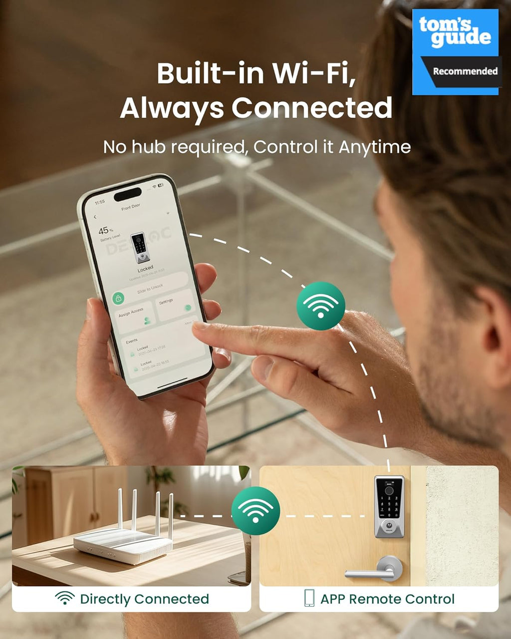 DESLOC D110 Plus Built-in Wi-Fi Smart Lock with 2 Lever Handles, Fingerprint Keyless Entry Door Lock Set, Touchscreen Keypad Deadbolt with Backlit, Remote Control, BHMA 3, IP54 Waterproof, Auto Lock
