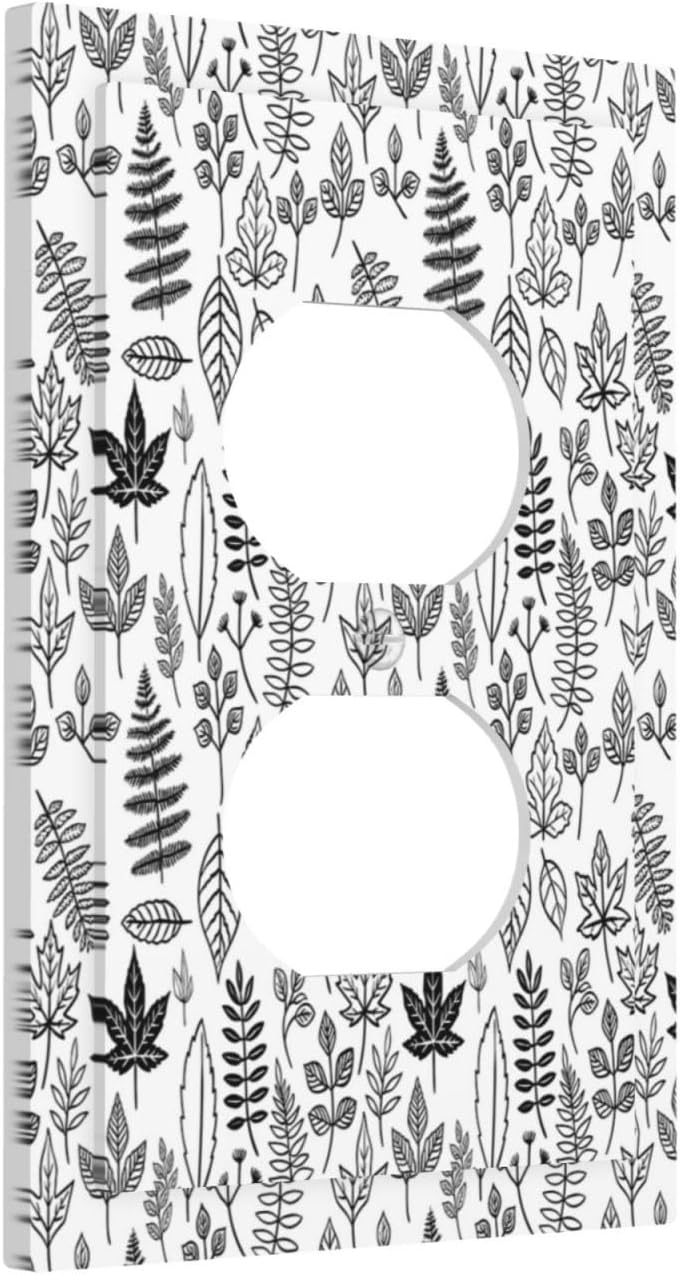 Black White Leaf Wheat Maple Leaf Plant Outlet Covers 1 Gang Duplex Light Switch Cover Wall Plate Decorative Switch Plates Electrical Receptacle Faceplate for Bedroom Bathroom Decor