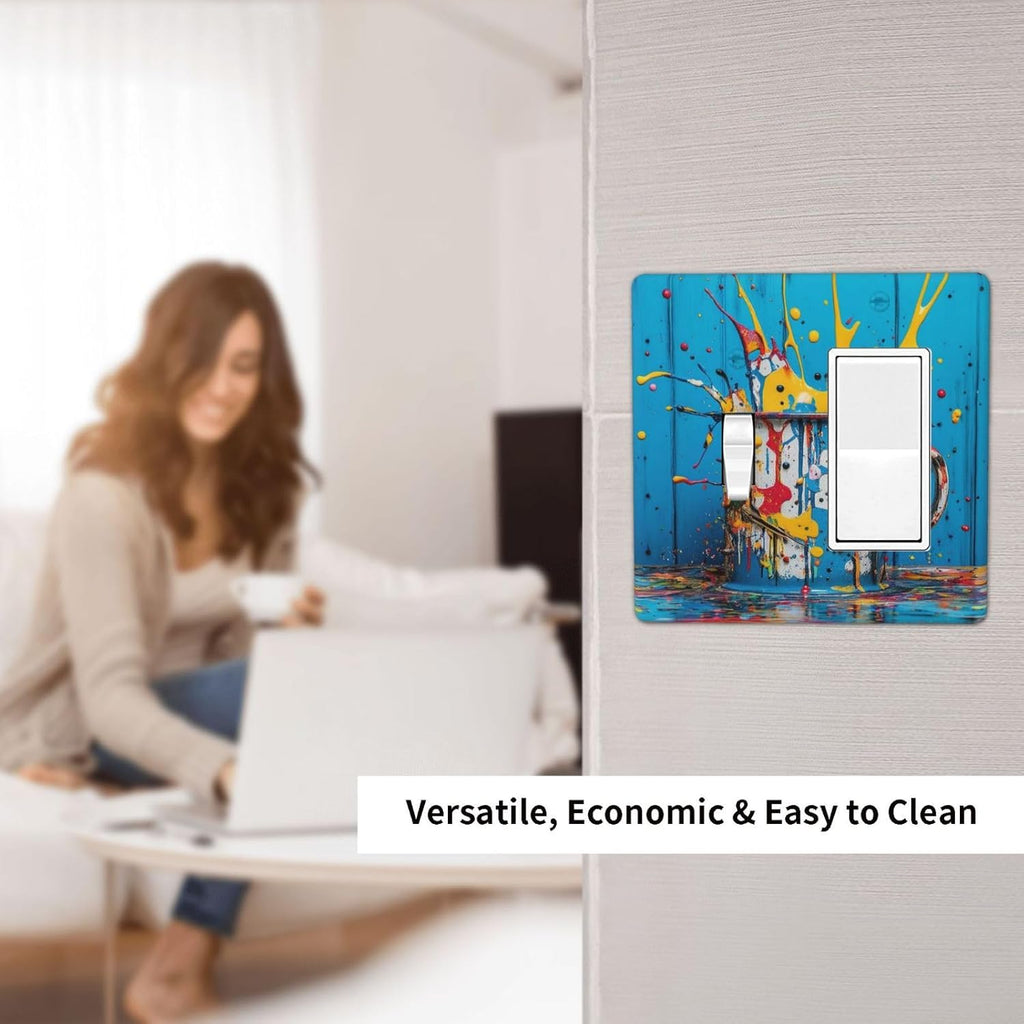 Decorative Outlet Covers Colorful Paint Splatters Blue Wood Plank 2 Gang 1 Gang Wall Plate Cover Single Toggle Rocker Combo Light Switch Cover Plate Face Plate