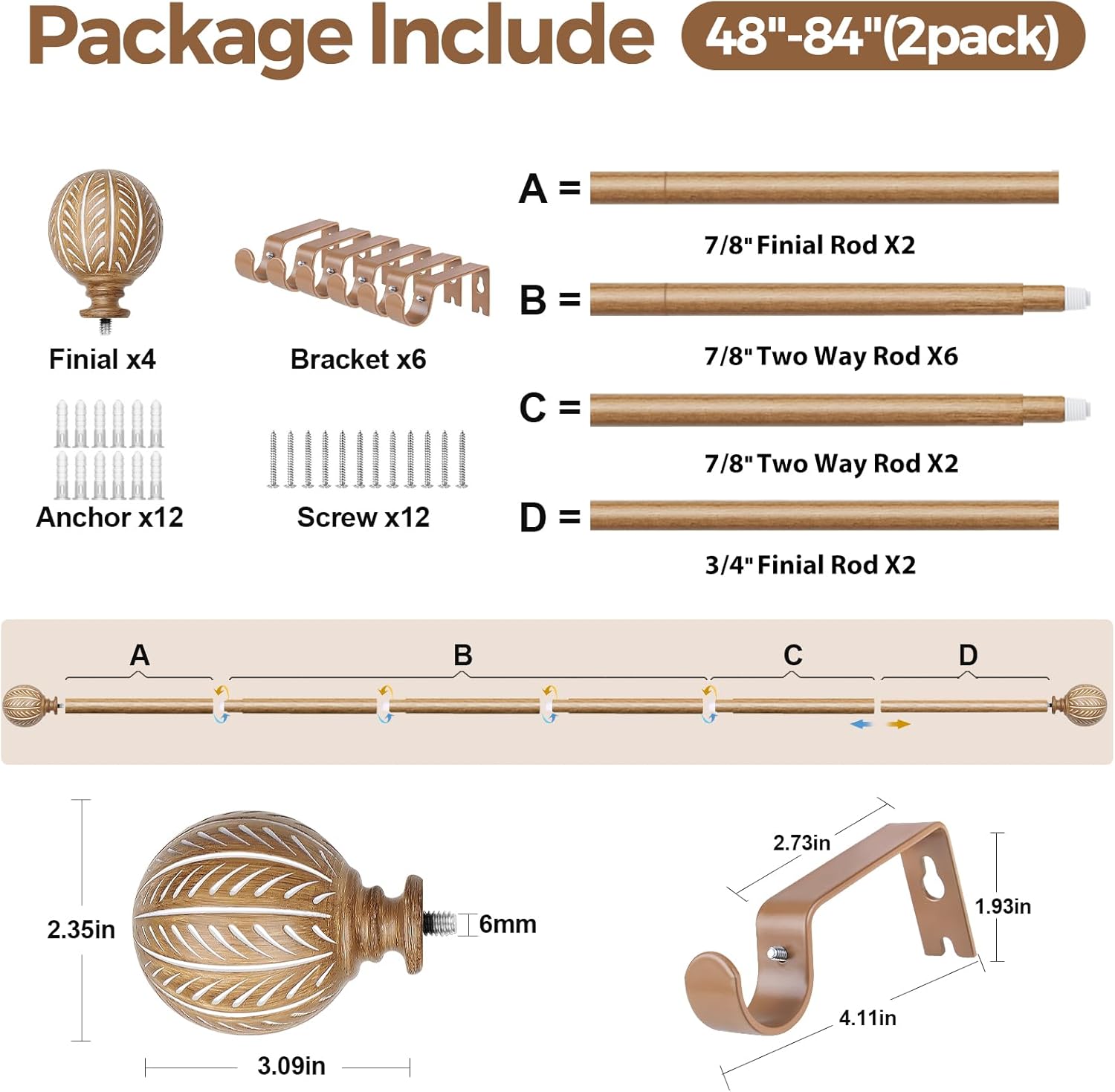 KAMANINA 2 Pack Wood Curtain Rods for Windows 48 to 84 Inch(4-7ft), 1 Inch Adjustable Drapery Rod, Decorative Heavy Duty Curtain Rods with Leaf Pattern Finials, Wood Grain