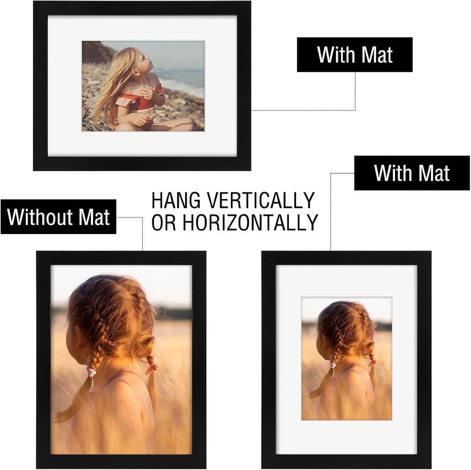 Golden State Art, 9x12 Picture Frame with Mat for 6x8 - High Definition Glass Wall Mounting Horizontal Vertical Display (Black, 2 Pack)