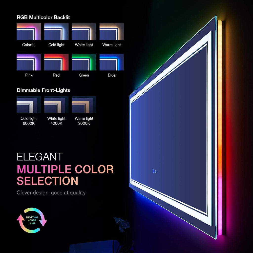 60x36 Inch RGB LED Mirror for Bathroom, RGB Backlit and Front Lighted Bathroom Mirror, Large Dimmable Vanity Mirror with Lights,Anti-Fog, Memory,ETL Listed, Wall Mounted