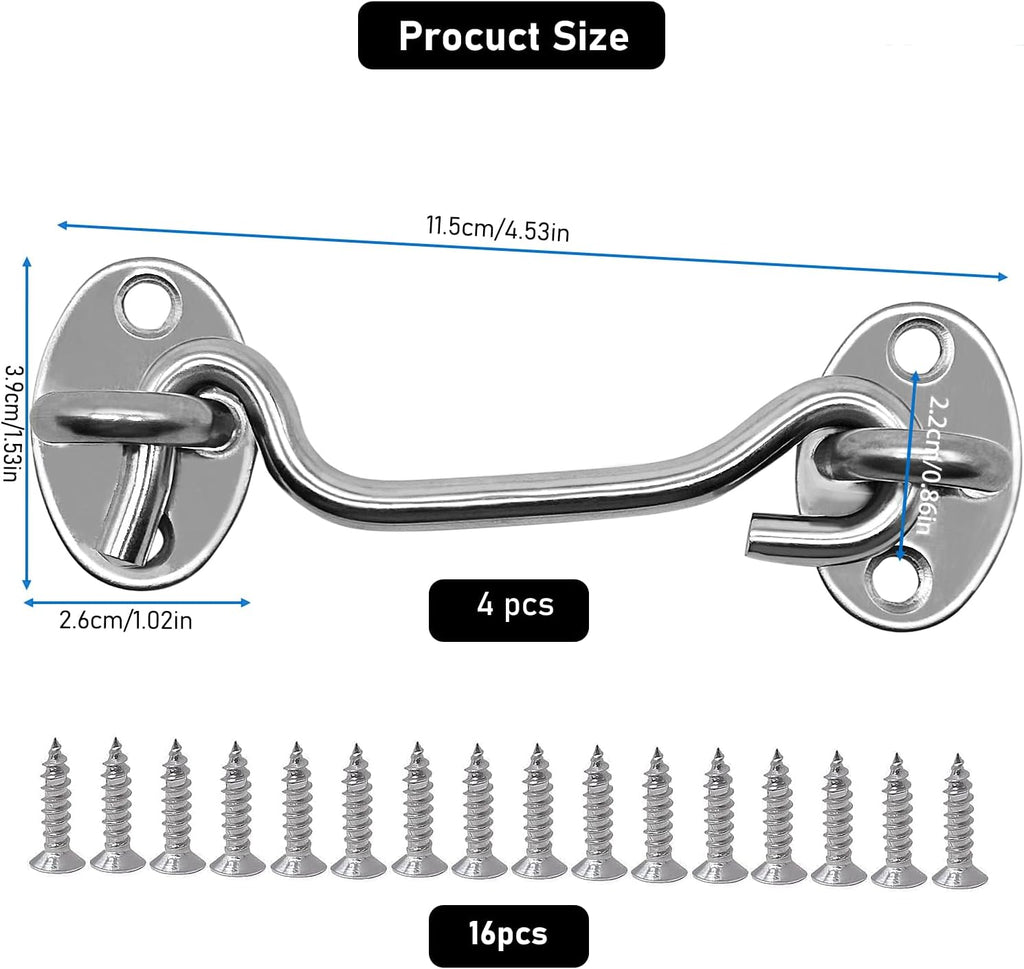 4-Pack 4Inch Door Lock Gate Latch Premium Stainless Steel Hook and Eye Gate Latch Cabin Hook with 16pcs Screws, Silver
