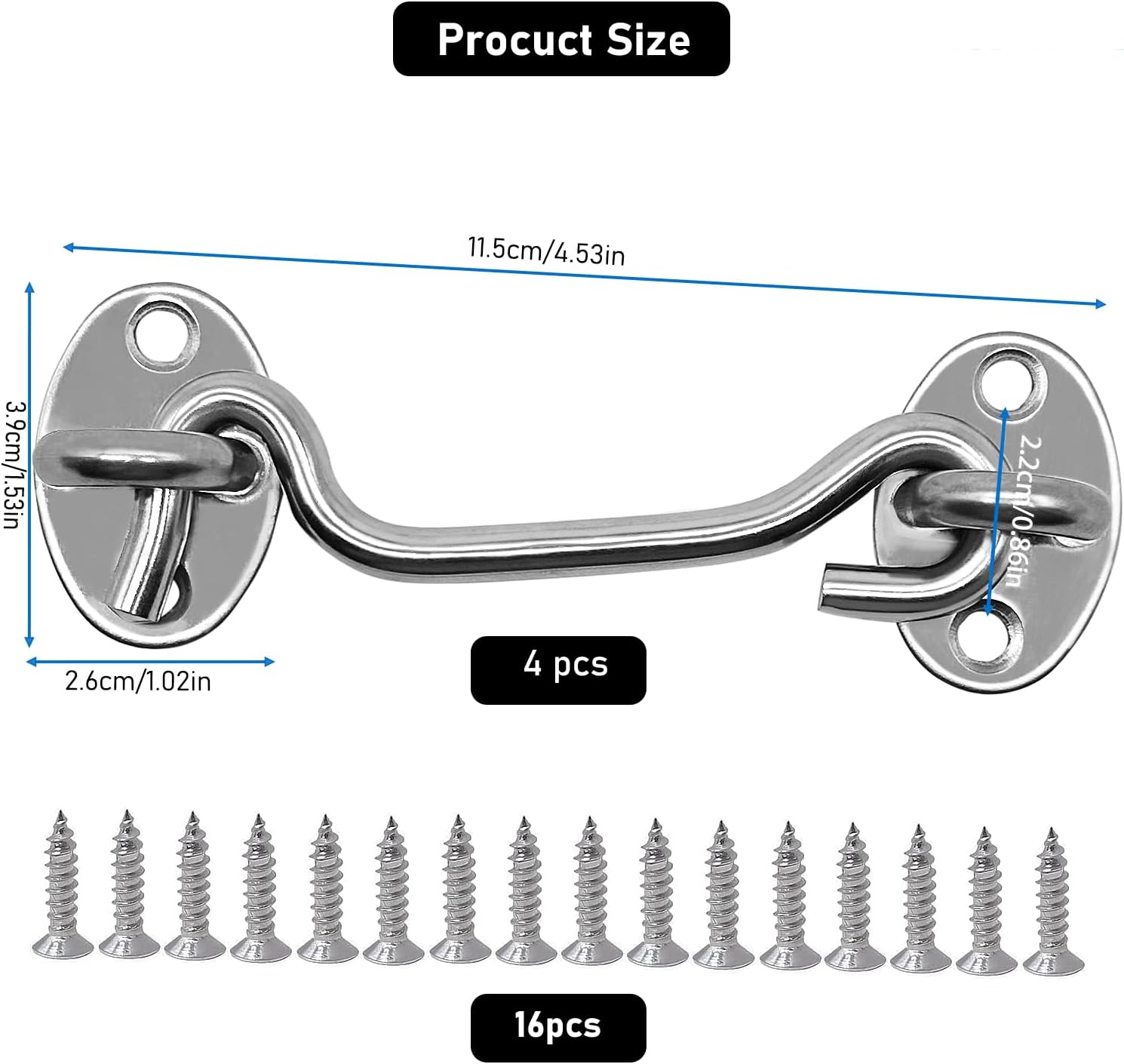 4-Pack 4Inch Door Lock Gate Latch Premium Stainless Steel Hook and Eye Gate Latch Cabin Hook with 16pcs Screws, Silver