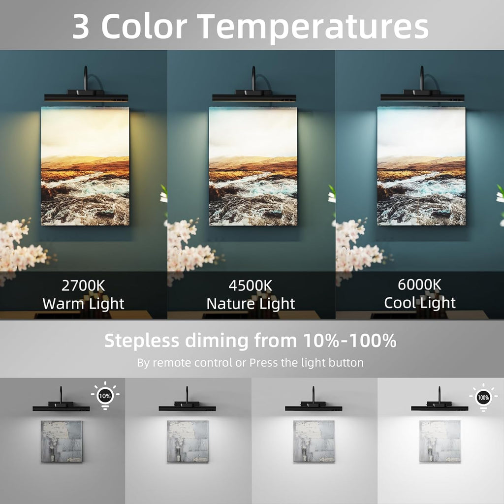 13.8inch Battery Operated Wireless Picture Light，Remote Control Painting Display Lights, Rechargeable Wall Lights with Three Modes and Power Display for Art Frame (13.8in Black-2set)
