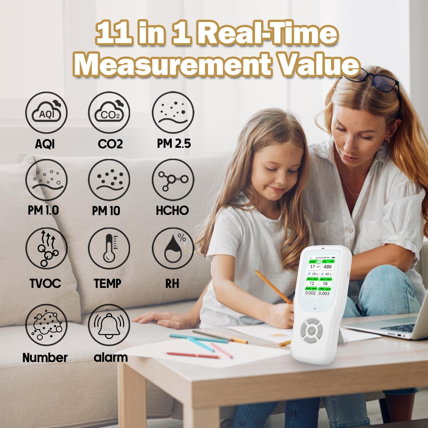 11-in-1 Air Quality Monitor - Portable Indoor Air Quality Detector with Stand, Real-Time Test for AQI, CO2, PM2.5, PM1.0, PM10, TVOC, HCHO, Particles, Humidity & Temperature