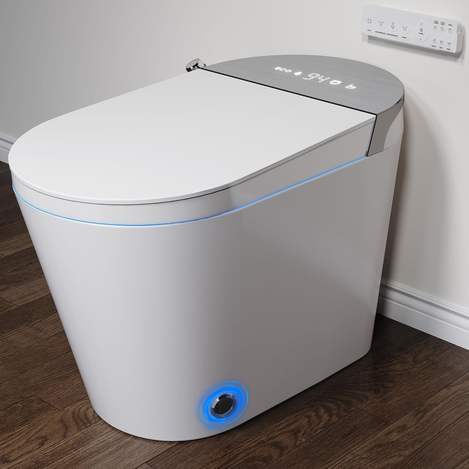 Smart Toilet with Bidet Built In, Auto Open & Close, Foot Sensor Flush, Heated Seat, Warm Water, Dryer, Tankless Dual Flush Elongated Toilet, Foam Shield, LED Night Light & Remote Control