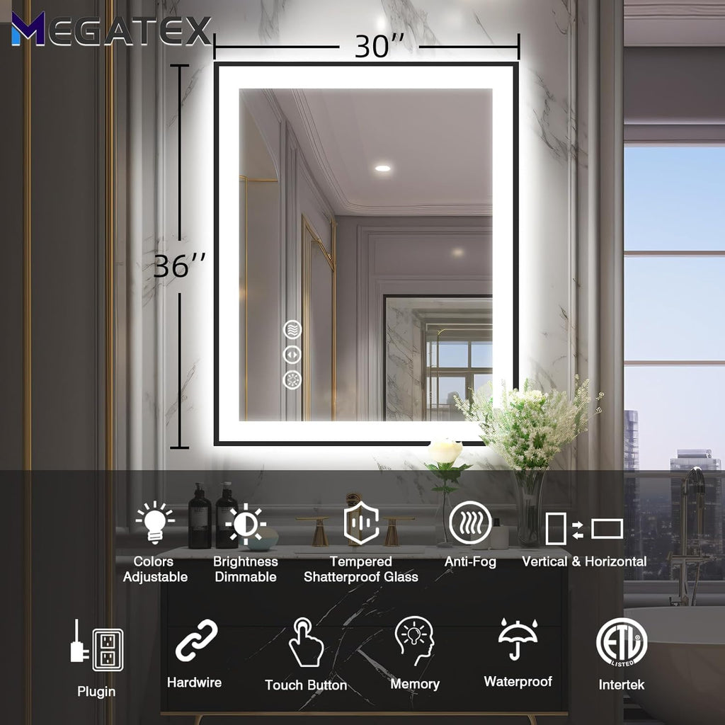 30x36 Lighted Mirrors for Bathroom Wall, Modern Rectangle Matte Black Mirror, Tempered Glass，Double Lights, 3 Colors Dimmable Temperature, IP54 Enhanced Anti-Fog, Memory (Horizontal/Vertical)