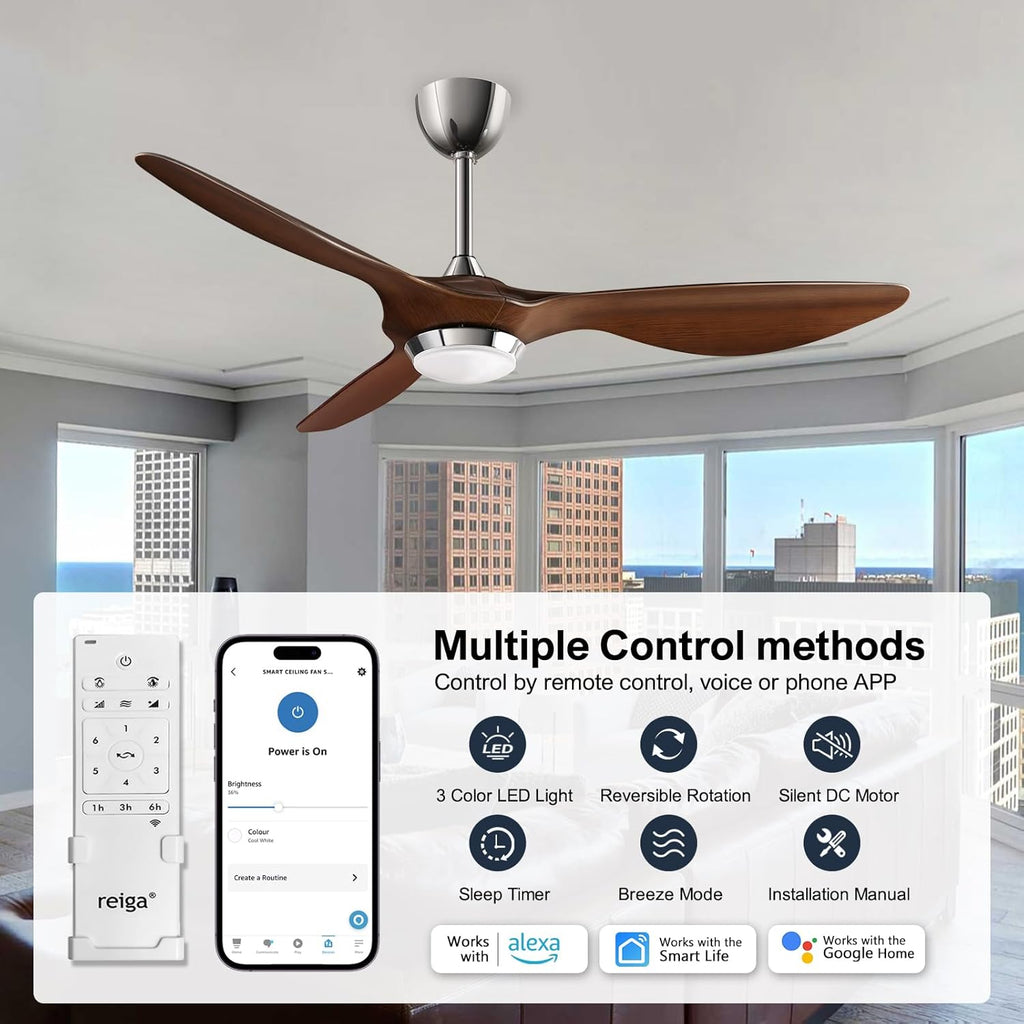 reiga 52 Inch ETL Listed High CFM Quiet DC Motor Smart Ceiling Fans with Lights Remote Control, Indoor 3 Blade Modern Ceiling Fan for Living Room Bedroom Farmhouse