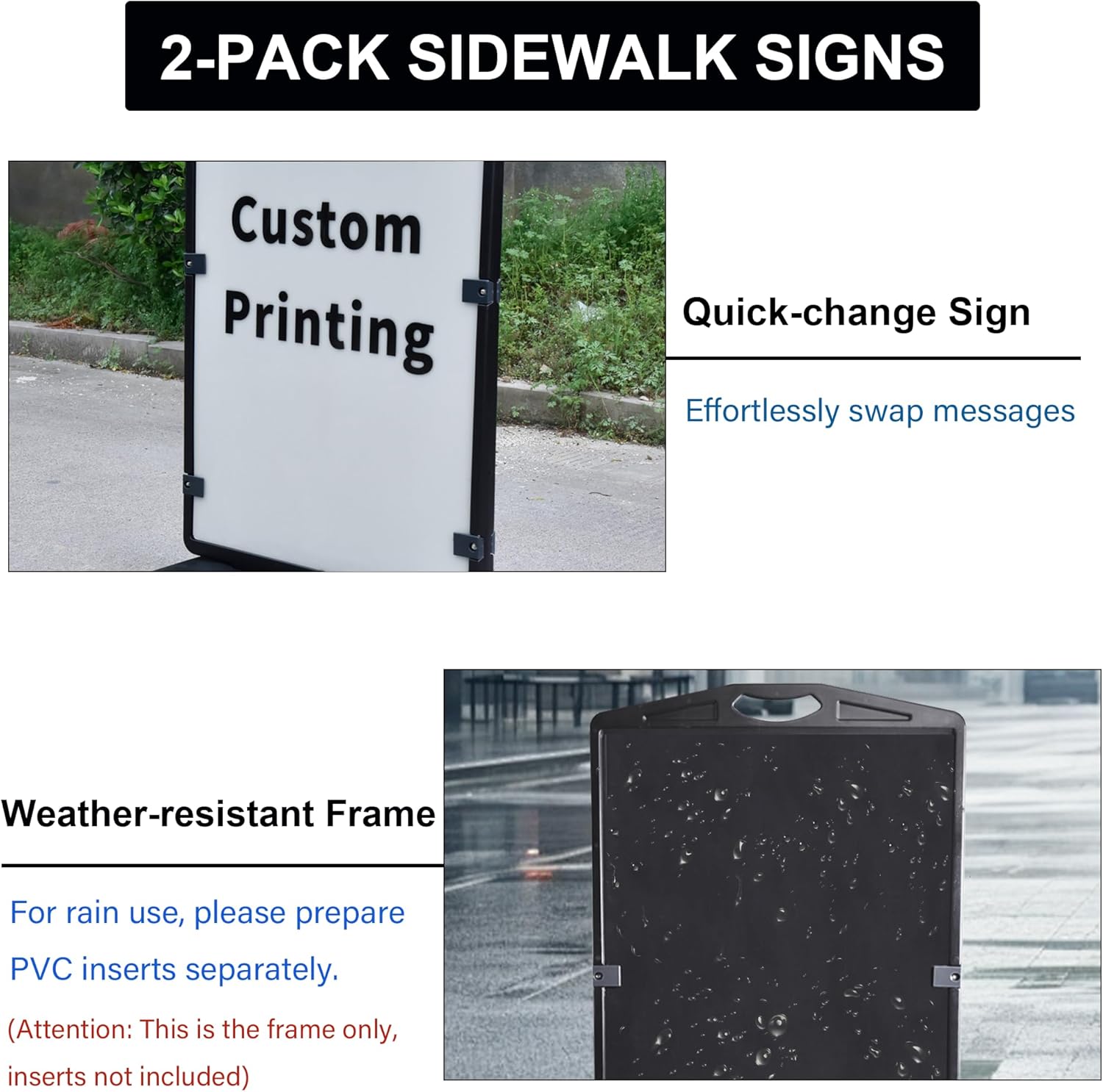 OrangeStar 2-Pack Sidewalk Sign 24 x 36 Inch Double Sided Sandwich Board Plastic Outdoor Advertising Signboard with Water-filled Base for Restaurant, Business, Events, Grey (Frame only)