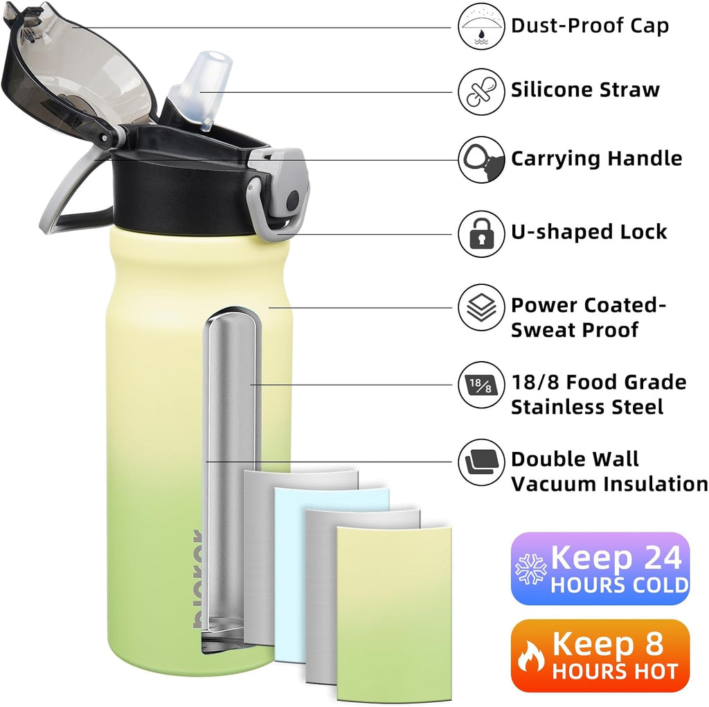 BJPKPK Insulated Water Bottle 18oz Stainless Steel Water Bottles with Straw and Carry Handle Double Wall Metal Thermal Flask,Lime