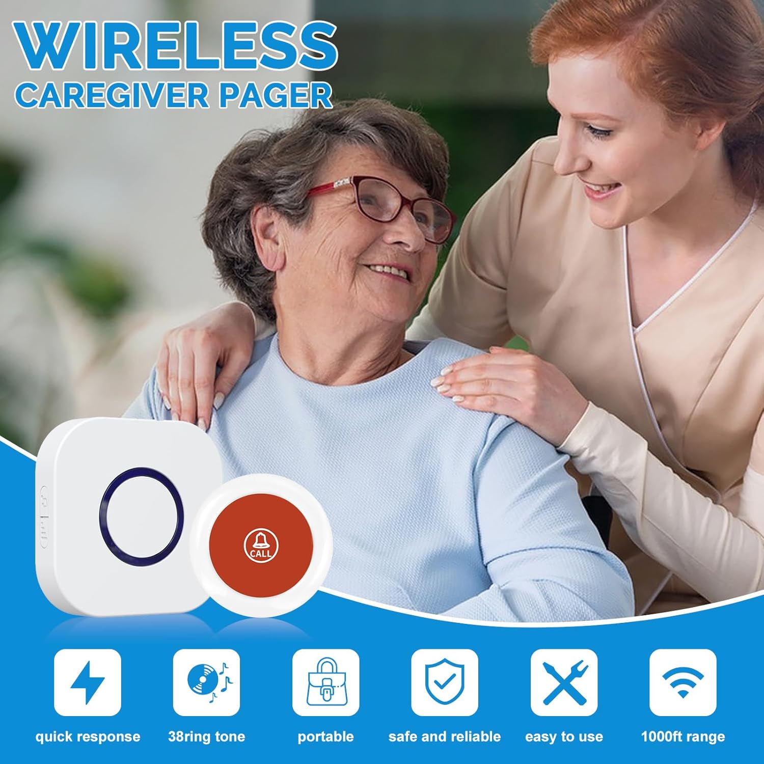 Wireless Caregiver Pager Call Button System with Emergency Buzzer Buttons SOS Alert, 38 Melodies AB Buttons 1000+ Feet Range for Elderly Disabled Home Care, 1 Receiver + 2 Transmitters White
