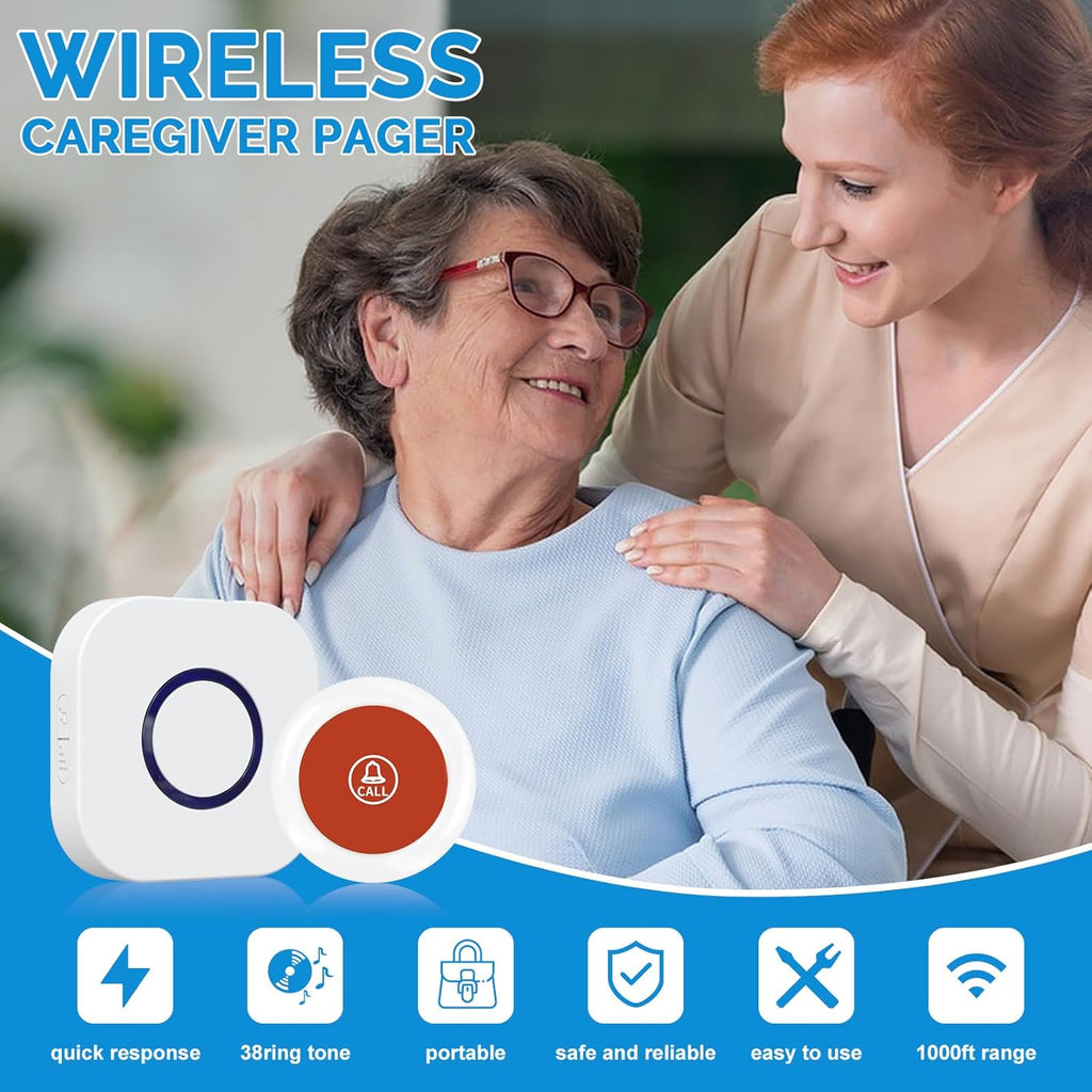Caregiver Pager Wireless Emergency Button with SOS Alert for Seniors at Home - 38 Melodies 1000+ Feet Range for Elderly Patient Disabled Home Care Life Alert - 1 Plugin Receiver + 1 Transmitter White