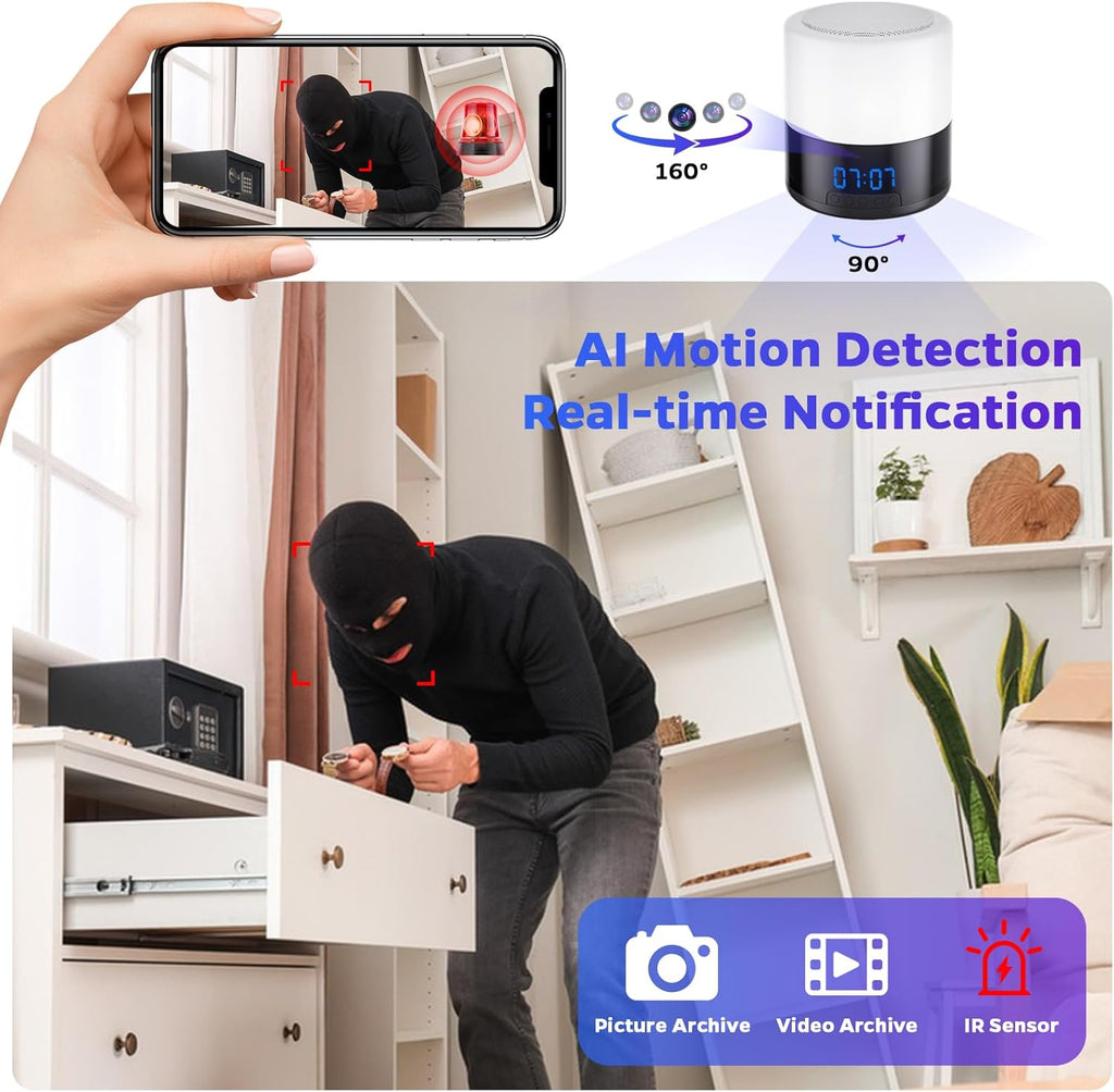 Security Camera Indoor for Home - Bluetooth Speaker - Homekit Camera - 1080P Clock Camera with 160°Rotating Viewing Angle - Night Light - AI Motion Detection