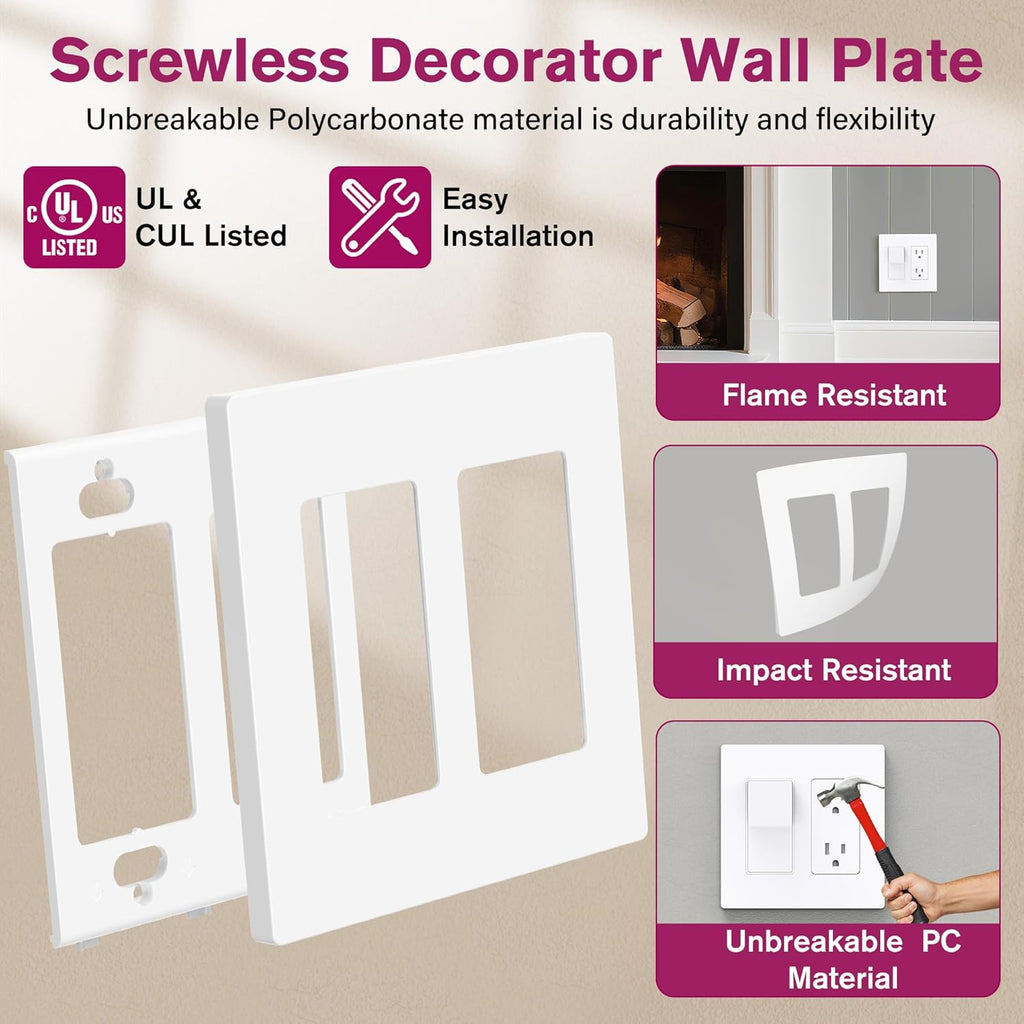 EMITEVER 2-Gang Screwless Decorator Wall Plate Cover for Receptacle Outlet & Light Switch, Standard Size 4.53"H x 4.53"W, Unbreakable Thermoplastic Faceplate, UL Listed, Matte White 5-Pack