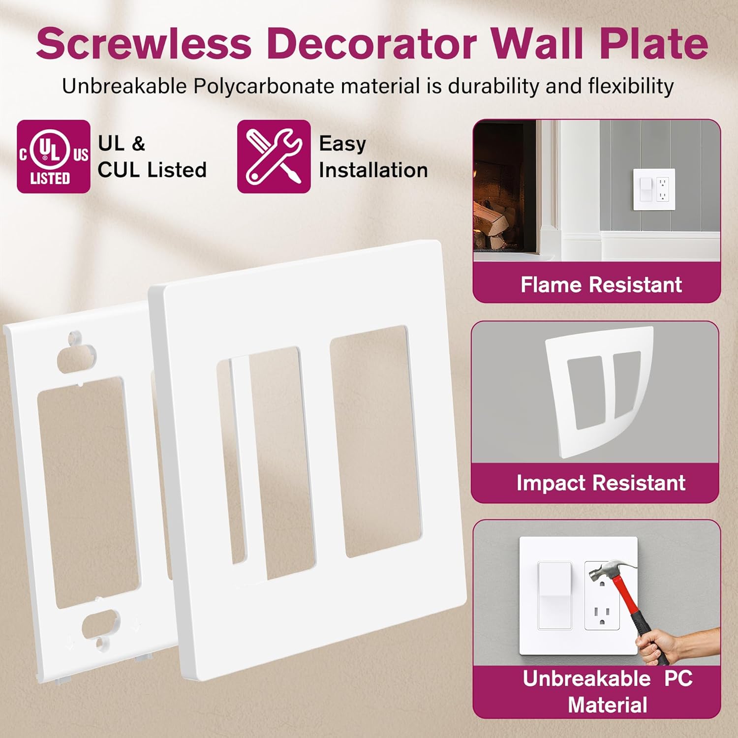 EMITEVER 2-Gang Screwless Decorator Wall Plate Cover for Receptacle Outlet & Light Switch, Standard Size 4.53"H x 4.53"W, Unbreakable Thermoplastic Faceplate, UL Listed, Matte White 5-Pack