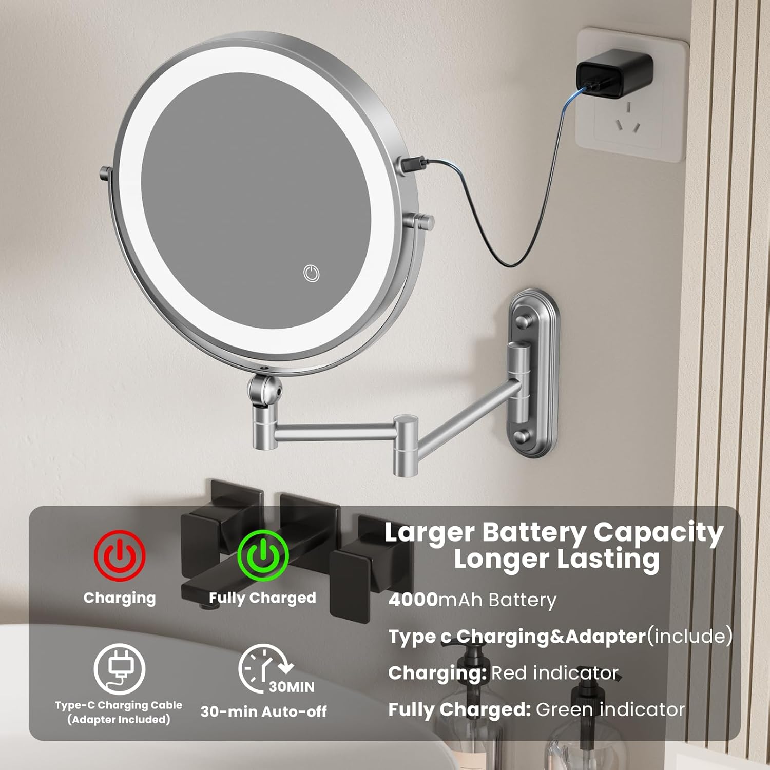 Rocollos 9-Inch Large Makeup Mirror with 30X Magnification, Rechargeable Wall Mounted Vanity Mirror with Lights, 3 Color Dimmable LED, Touch Screen & Retractable Arm-Black (9INCH-Chrome)