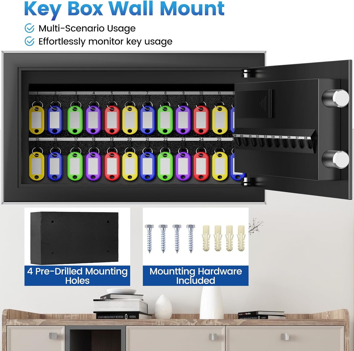 28 Keys Combination Lock Key Cabinet, Anti-Theft Key Lock Box with Key Tags, Key Organizer Wall Mount for Car Garage House Rental Office Business
