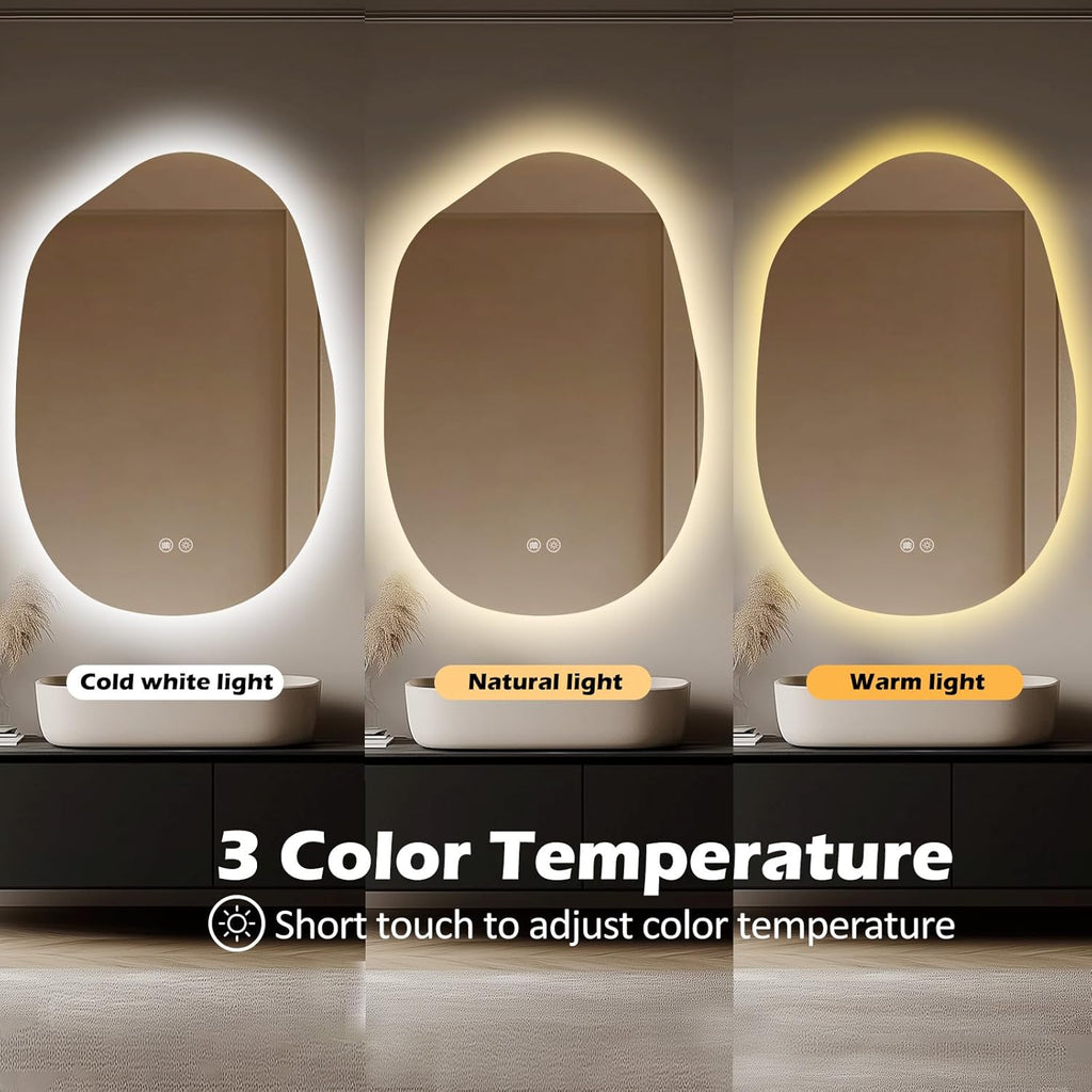 LED Bathroom Mirror with Lights 26x38, Stepless Dimmable Irregular Backlit Mirror with 3 Colors, Anti-Fog, Memory, Al-Alloy Lampshade, Frameless Vanity Mirror for Bathroom (Horizontal/Vertical)