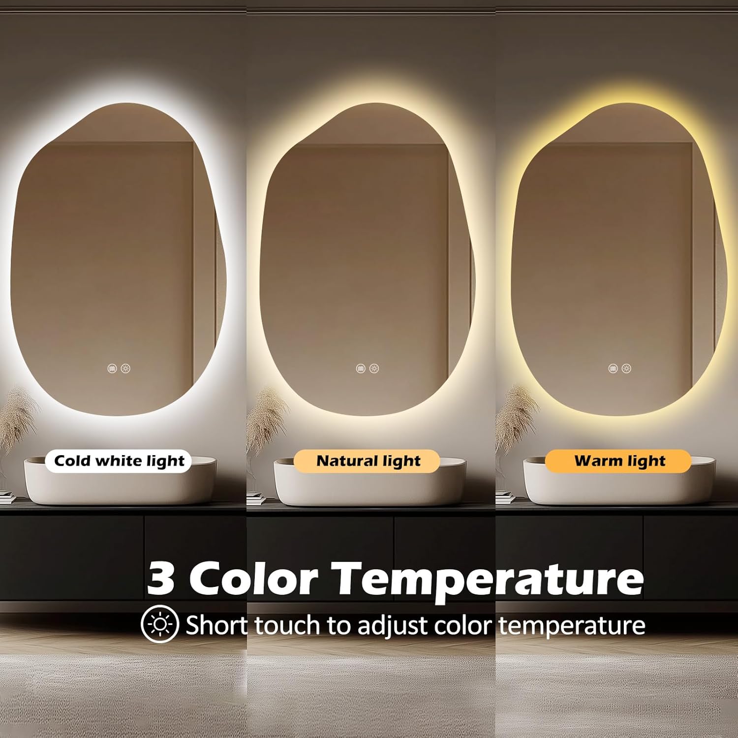 LED Bathroom Mirror with Lights 26x38, Stepless Dimmable Irregular Backlit Mirror with 3 Colors, Anti-Fog, Memory, Al-Alloy Lampshade, Frameless Vanity Mirror for Bathroom (Horizontal/Vertical)