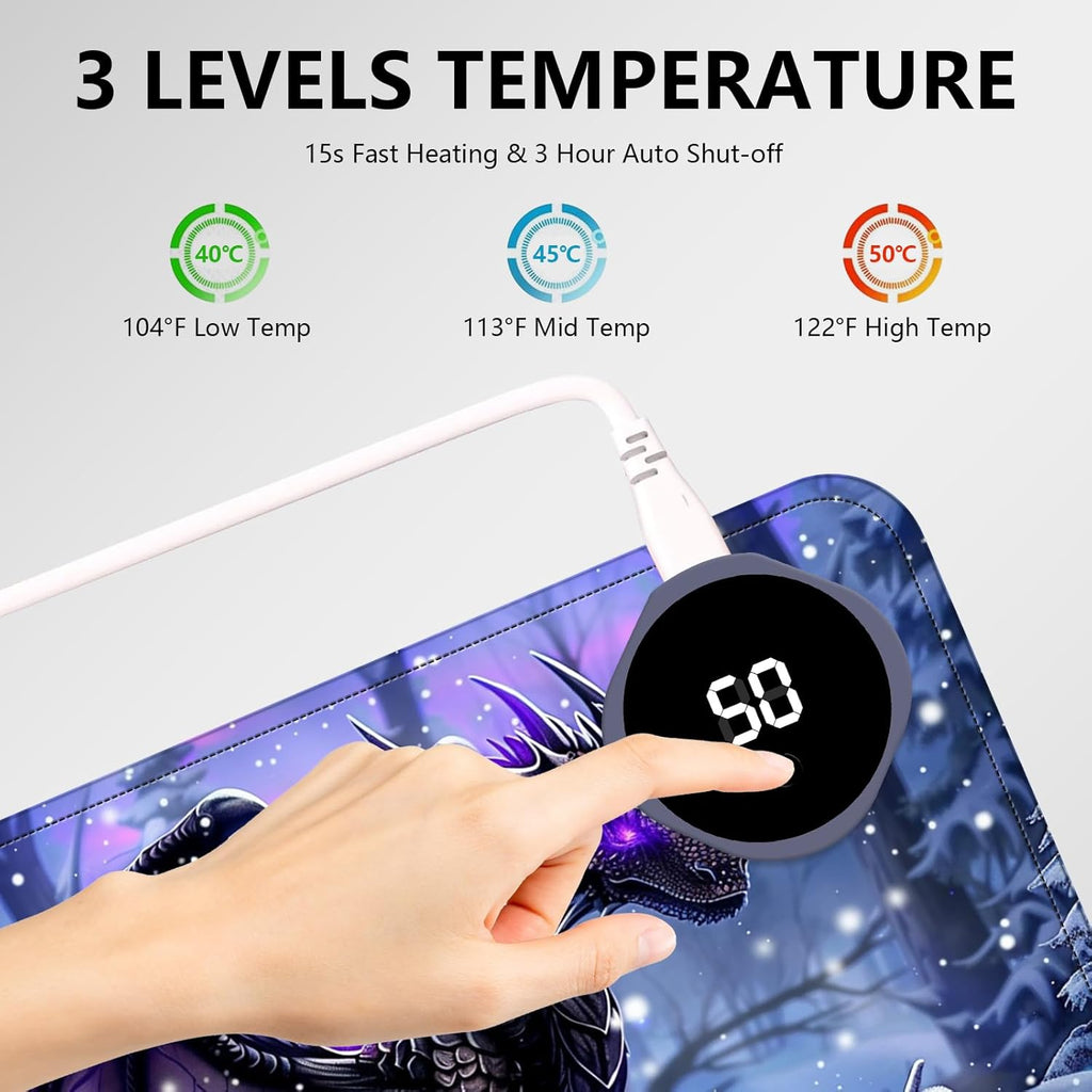Heated Mouse Pad with 3 Levels Heated & 3 Hours Auto Shut-Off Mouse Pad for Warming Hands in Office Home, 31.5" x 13"Large Safe Desk Mat Hand Warmer，Purple Flying Dragon