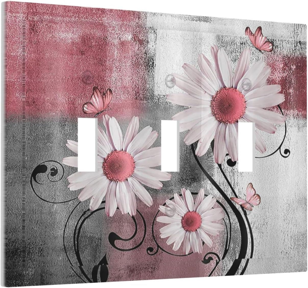 Decorative Switch Plates Pink Floral Rustic Daisy Flower And Butterfly 3 Gang Wall Plate Faceplate Triple Toggle Light Switch Cover Electrical Wall Panels for Farmhouse Cabin Decor