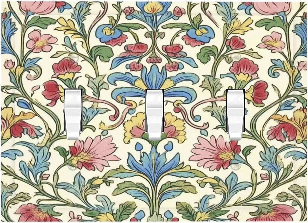 Decorative Switch Plates Boho Red Floral Morris Plant Leaves 3 Gang Wall Plate Triple Toggle Light Switch Cover Faceplate Electrical Wall Panels For Farmhouse Cabin Decor