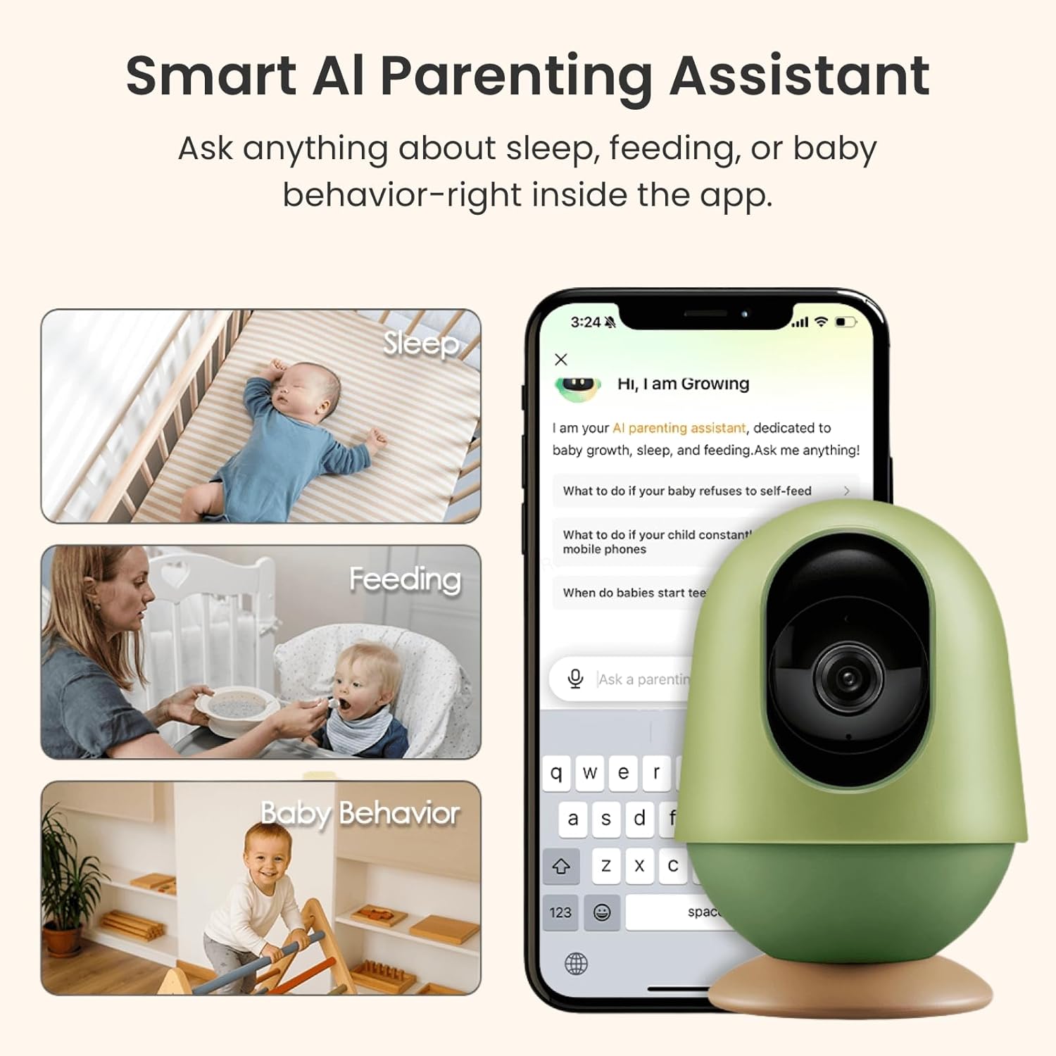Monai Baby Monitor with Camera and Audio, 3K UHD, 6X Zoom, WiFi Video Monitor for Room or Travel, Pan 350° Tilt 65°, AI Cry Detection, Virtual Fence, Face-Cover Alerts, Sleep Monitoring, Night Vision