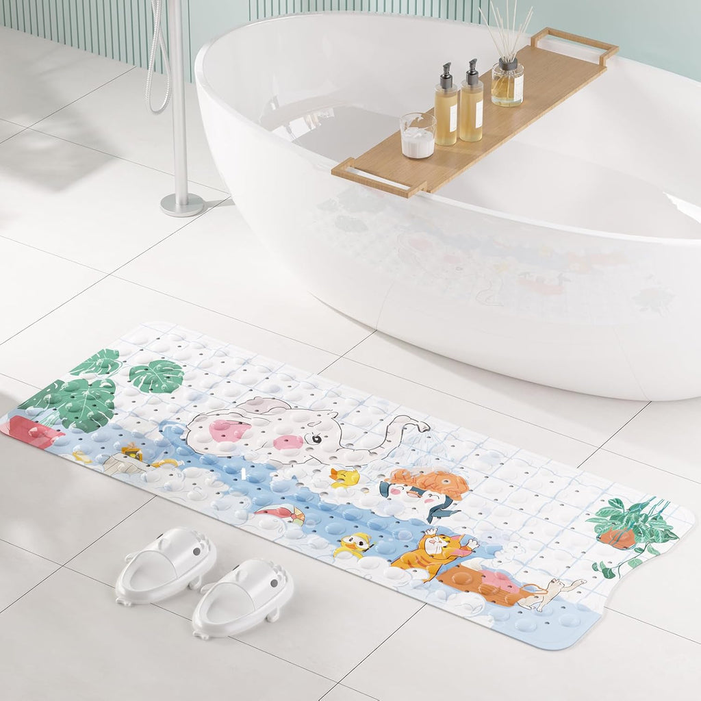 AmazerBath Baby Bath Mat Non Slip, Cartoon Kids Bath Mat for Tub 40 x 16 Inches Full Size, Non Slip Bathtub Mat with Suction Cups and Drain Holes, Shower Stall Mats - Elephant