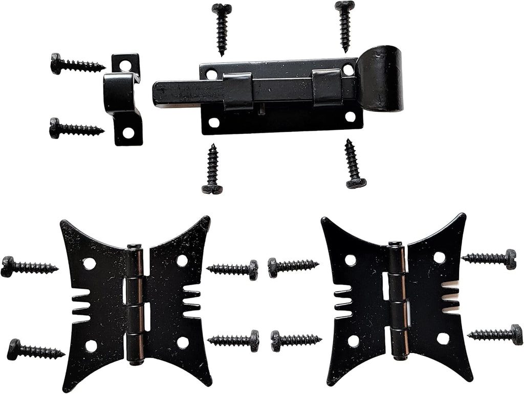 The Rustic Express, Speak-Easy Door Latch and Decorative Hinge Kit Includes 1 Speak-Easy Latch, 2 Butterfly Hinges and 12 Black mounting Screws, Size (Latch 3-1/4” x 1” x 1” Hinge 2” x 2-3/8”)
