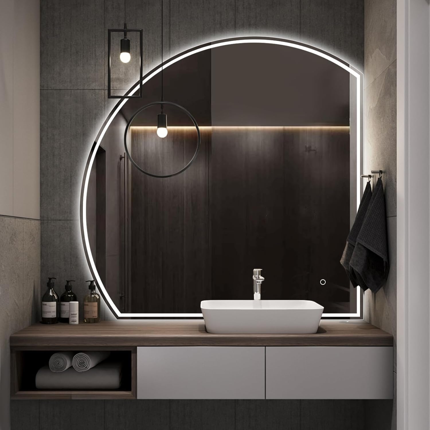 Niccy Half Moon Led Mirror for Bathroom, 44" Semi Round Backlit Mirror for Wall Lighted Mirror with Frameless 3 Color, Defogger, Explosion-Proof, HD Glass and IP65 Vanity Mirror