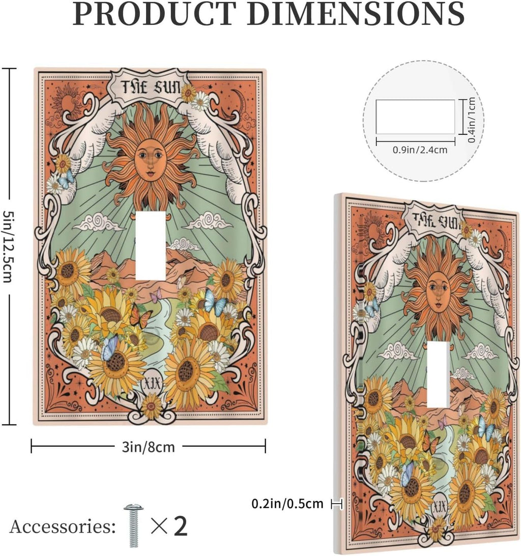 Boho Retro Sun Sunflower Vintage Flower Butterfly Decorative Light Switch Cover 1 Gang Single Toggle Device Electrical Faceplate Switchplates Decorator Outlet Wall Plate for Farmhouse Home Decor