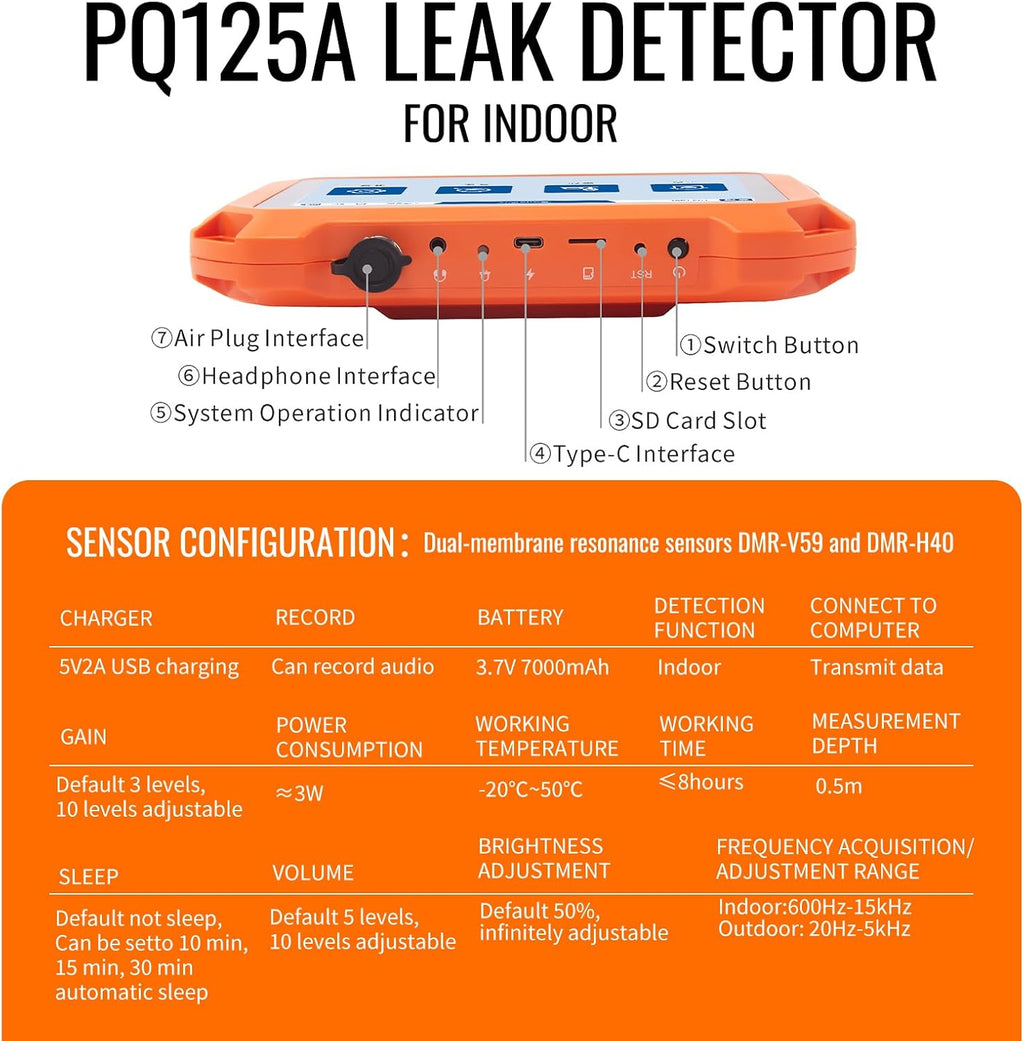 PQWT Underground Water Leak Detectors for Home PQ125A Wall Pipe Water Leakage Detection with Touchscreen Earphone and Carrying Case Multi Sensor Acoustic Pipeline Sound Intensifier